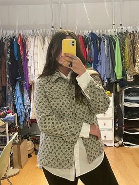 Faux Louis Monogram Print Snap Front Jacket- Olive/Beige